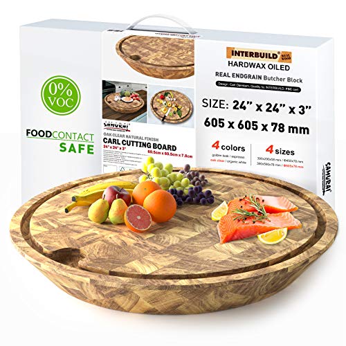 INTERBUILD REAL WOOD Heavy Duty Cutting Board (Butcher Block) with Juice Groove - 24" Round - Clear Oak