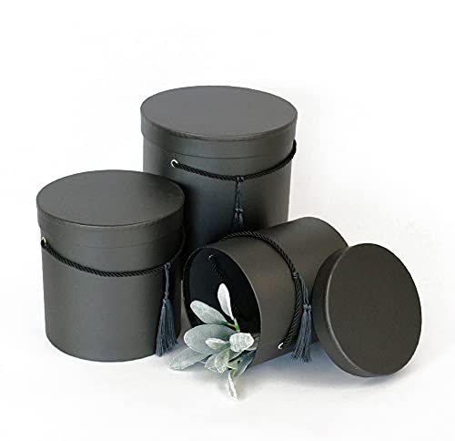 UNIKPACKAGING Premium Quality Round Flower Box, with Tassel, Gift Boxes for Luxury Flower and Gift Arrangements, Set of 3 pcs (Black)