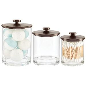 mdesign plastic apothecary canister jar storage organizer for bathroom, bedroom, vanity, kitchen cabinet organization - holds cotton swab - lumiere collection - set of 3 - clear/bronze