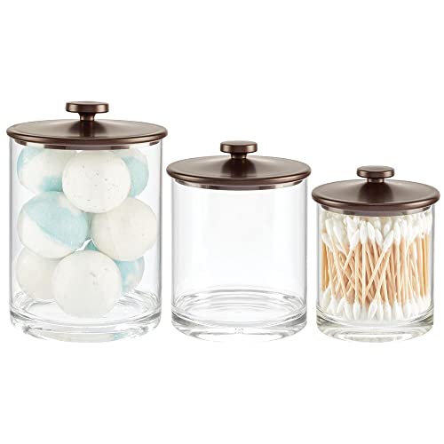 mDesign Plastic Apothecary Canister Jar Storage Organizer for Bathroom, Bedroom, Vanity, Kitchen Cabinet Organization - Holds Cotton Swab - Lumiere Collection - Set of 3 - Clear/Bronze