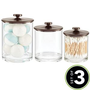 mDesign Plastic Apothecary Canister Jar Storage Organizer for Bathroom, Bedroom, Vanity, Kitchen Cabinet Organization - Holds Cotton Swab - Lumiere Collection - Set of 3 - Clear/Bronze