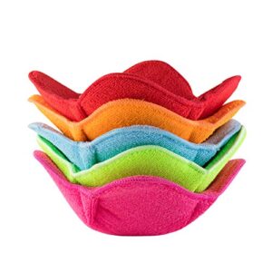 shila bowl snuggies, multicolor set of 5 microwave-safe hot bowl holders to keep your hands cool and your food warm, polyester & sponge heat resistant dish pads for soup, rice and pasta bowls