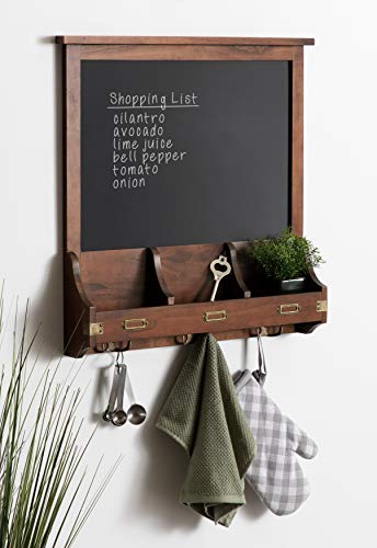 Kate and Laurel Stallard Decorative Rustic Wood Home Organizer with Chalkboard, Pockets, and Key Hooks, Dark Walnut Brown