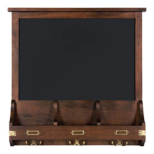 Kate and Laurel Stallard Decorative Rustic Wood Home Organizer with Chalkboard, Pockets, and Key Hooks, Dark Walnut Brown