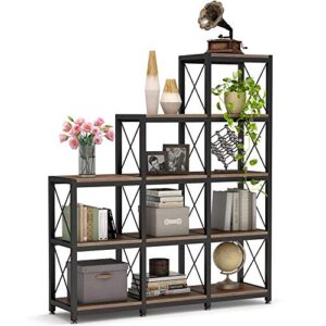 Tribesigns 12 Shelves Bookshelf, Industrial Ladder Corner Bookshelf 9 Cubes Stepped Etagere Bookcase, Rustic 5-Tier Display Shelf Storage Organizer for Home Office (Rustic Brown)