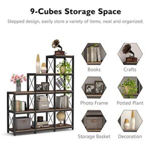 Tribesigns 12 Shelves Bookshelf, Industrial Ladder Corner Bookshelf 9 Cubes Stepped Etagere Bookcase, Rustic 5-Tier Display Shelf Storage Organizer for Home Office (Rustic Brown)