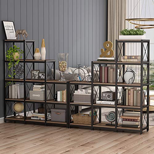 Tribesigns 12 Shelves Bookshelf, Industrial Ladder Corner Bookshelf 9 Cubes Stepped Etagere Bookcase, Rustic 5-Tier Display Shelf Storage Organizer for Home Office (Rustic Brown)