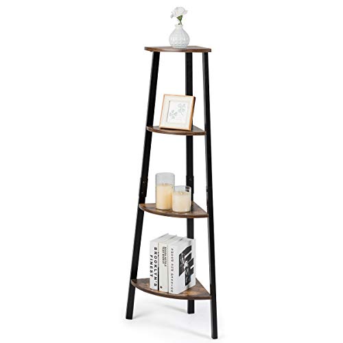 Tangkula Industrial Corner Shelf, 4-Tier Ladder Bookshelf, Metal Frame Storage Rack, Bookcase, Plant Stand, Multipurpose Accent Furniture for Home Office, Display Corner Shelf (Rustic Brown)