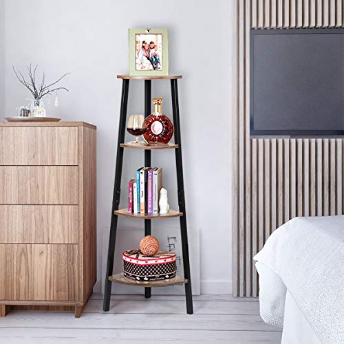 Tangkula Industrial Corner Shelf, 4-Tier Ladder Bookshelf, Metal Frame Storage Rack, Bookcase, Plant Stand, Multipurpose Accent Furniture for Home Office, Display Corner Shelf (Rustic Brown)