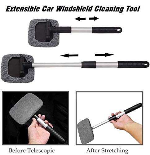 REENFAYA Windshield Cleaner Window Windshield Cleaning Tool with Extendable Handle and Washable Reusable Microfiber Cloth Auto Interior Exterior Glass Wiper Car Glass Cleaner Kit-2 Pack