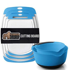 gorilla grip cutting board set of 3 and mixing bowl set of 2, both in aqua color, mixing bowls include 5 qt and 3 qt sizes, dishwasher safe, 2 item bundle