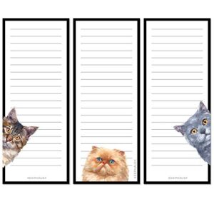 curious cats magnetic to do list notepads (3 pack); grocery shopping list magnet pad for fridge; magnetic paper pad for reminders, memo pad and scratch pad; cute cat designs | 50 sheets per note pad