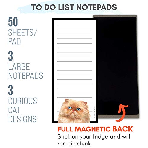 Curious Cats Magnetic To Do List Notepads (3 Pack); Grocery Shopping List Magnet Pad for Fridge; Magnetic Paper Pad for Reminders, Memo Pad and Scratch Pad; Cute Cat Designs | 50 Sheets per Note Pad