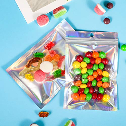 ISKYBOB 100 Pieces Resealable Mylar Zip Lock Bags Rainbow Flat Foil Pouches Smell Proof Food Storage Gift Package Supplies, L