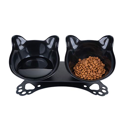 Pantula Anti Vomiting Cat Bowls, Elevated Plastic Cat Food Bowl, Tilted 15° Raised Cat Dishes with Non-Slip Rubber Base Stand for Cats (Black)