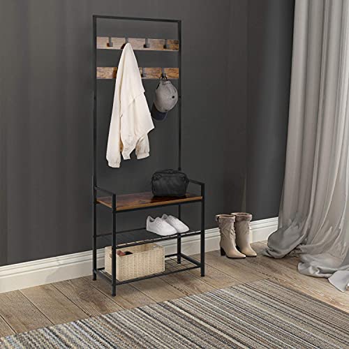 HOMEKOKO Coat Rack Shoe Bench, Hall Tree Entryway Storage Bench, Wood Look Accent Furniture with Metal Frame, 3-in-1 Design (Rustic Brown)