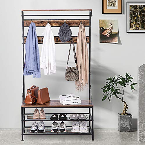 VIVOHOME 5-in-1 Entryway Hall Tree, Industrial Stand Organizer with Shoe Bench, Vintage MDF Wood Furniture with Stable Metal Frame