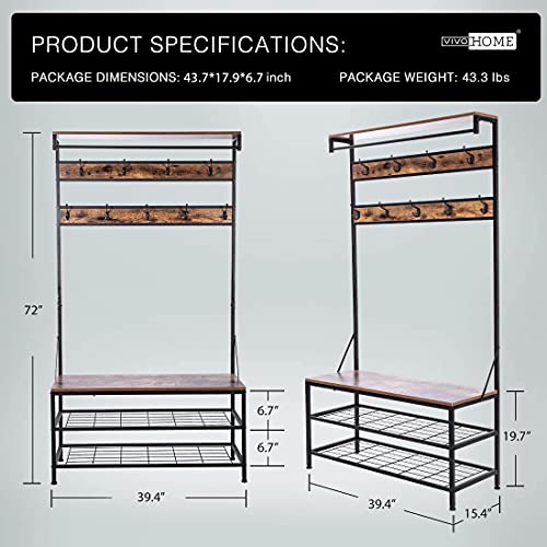 VIVOHOME 5-in-1 Entryway Hall Tree, Industrial Stand Organizer with Shoe Bench, Vintage MDF Wood Furniture with Stable Metal Frame