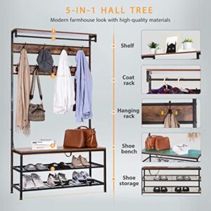 VIVOHOME 5-in-1 Entryway Hall Tree, Industrial Stand Organizer with Shoe Bench, Vintage MDF Wood Furniture with Stable Metal Frame