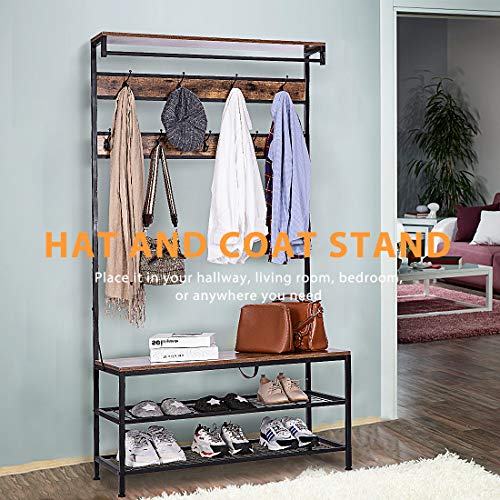 VIVOHOME 5-in-1 Entryway Hall Tree, Industrial Stand Organizer with Shoe Bench, Vintage MDF Wood Furniture with Stable Metal Frame