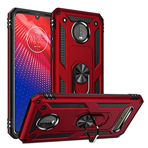 Military Grade Drop Impact for Motorola Moto Z4 Case,Moto Z4 Play Case 360 Metal Rotating Ring Kickstand Holder Magnetic Car Mount Armor Heavy Duty Case Z4 Z4 Play Z4 Force Phone Case (Red)