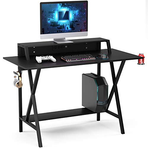 Casart Gaming Desk 48'for Gamer, Gaming Computer Workstation with Cup & Headphone Holder, Socket of 3-Outlet & 2 USB Ports Multifunctional Writing Desk for Home and Office