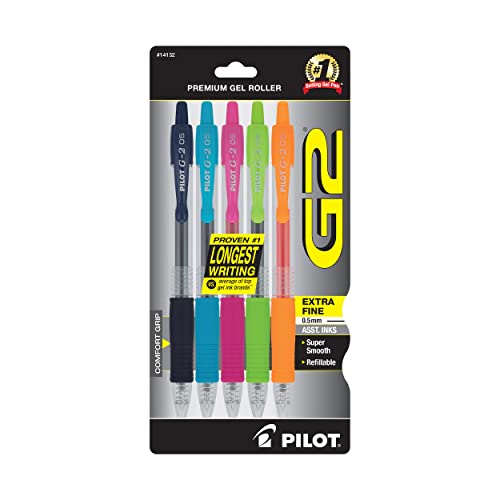 Pilot G2 Premium Retractable Gel-Ink Rolling Ball Pens, Extra Fine Point (0.5mm), Assorted, 5/Pk (14132)