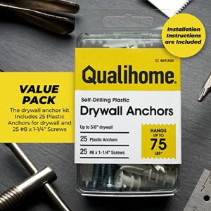 #8 Self Drilling Drywall Plastic Anchors with Screws - No Pre Drill Hole Preparation Required - 75 Lbs