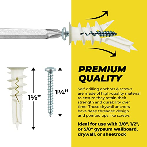 #8 Self Drilling Drywall Plastic Anchors with Screws - No Pre Drill Hole Preparation Required - 75 Lbs