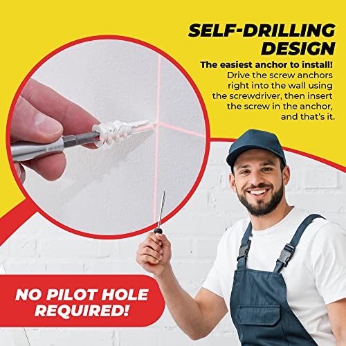 #8 Self Drilling Drywall Plastic Anchors with Screws - No Pre Drill Hole Preparation Required - 75 Lbs