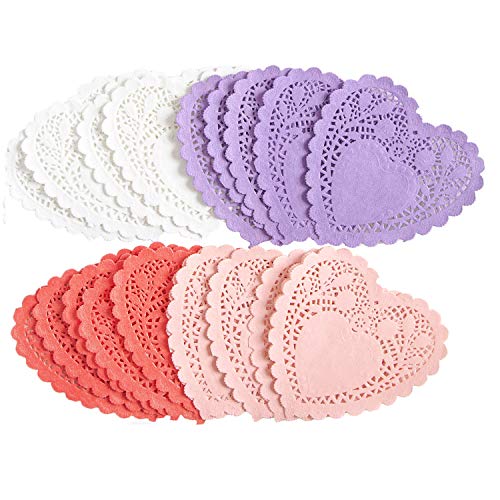 JOYIN 144 Pcs Valentines Day Heart Doilies Party Decorations with 4 Colors Heart Doilies Cutouts Lace Paper Heart Paper Doilies Craft Gift Set for Valentine Day Party Tableware Decoration