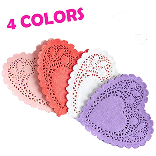 JOYIN 144 Pcs Valentines Day Heart Doilies Party Decorations with 4 Colors Heart Doilies Cutouts Lace Paper Heart Paper Doilies Craft Gift Set for Valentine Day Party Tableware Decoration