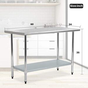 Kitchen Work Table Food Prep Table Stainless Steel NSF Commercial Worktable with Adjustable Shelf, 24 X 60 Inches, Scratch Resistant Heavy Duty Metal Work Tables for Garage Restaurant Kitchen