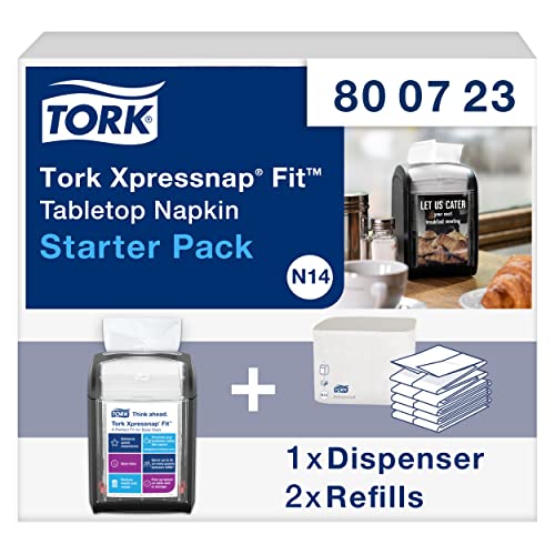 Tork Xpressnap Fit Tabletop Napkin Dispenser Starter Pack, 800723, N14 Dispenser for Restaurants Including 2 Bundles of White Refill Napkins