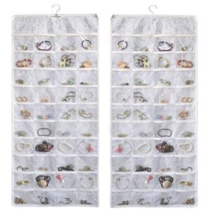 bb brotrade hanging jewelry organizer,double sided jewelry storage organizer with embossed pattern,80 clear pvc pockets organizer for holding jewelries (white)