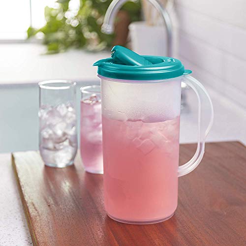 BPA Free, 2 Quart 1.9 L (Half Gallon) Round Snap Tight Pivot Top Spout & Tab Clear Base Plastic Pitcher With Lid & Measurements-Dishwasher Safe,64 oz.