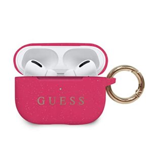 Guess AirPods Case Cover in Fuschia Glitter with Carabiner, Compatible with Apple AirPods Pro, Silicone Protective Hard Case, Shockproof, Wireless Charging, and Signature Printed Logo