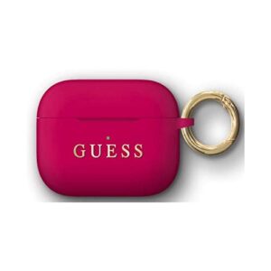 Guess AirPods Case Cover in Fuschia Glitter with Carabiner, Compatible with Apple AirPods Pro, Silicone Protective Hard Case, Shockproof, Wireless Charging, and Signature Printed Logo