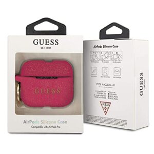 Guess AirPods Case Cover in Fuschia Glitter with Carabiner, Compatible with Apple AirPods Pro, Silicone Protective Hard Case, Shockproof, Wireless Charging, and Signature Printed Logo