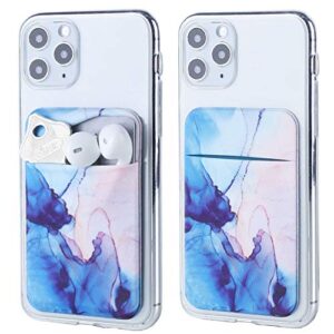 2pack adhesive phone pocket,cell phone stick on card wallet sleeve,credit cards/id card holder(double secure) with sticker for back of iphone,android and all smartphones (watercolor marble blue)