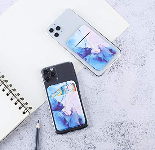 2Pack Adhesive Phone Pocket,Cell Phone Stick On Card Wallet Sleeve,Credit Cards/ID Card Holder(Double Secure) with Sticker for Back of iPhone,Android and All Smartphones (Watercolor Marble Blue)