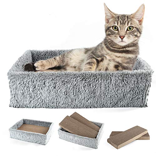 PrimePets Cat Scratcher Lounge with 2 Removable Cat Scratch Cardboard, Reversible Cat Scratching Pad Box Bed, 2 in 1, Corrugated Board, Catnip Included