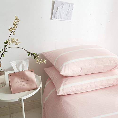 HYPREST 100% Cotton Duvet Cover Queen - Pink Striped Duvet Cover Soft Comfortable Cute Light Pink Comforter Cover Bedding Set