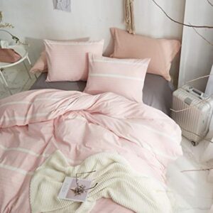 HYPREST 100% Cotton Duvet Cover Queen - Pink Striped Duvet Cover Soft Comfortable Cute Light Pink Comforter Cover Bedding Set