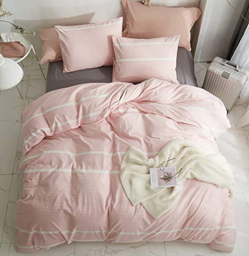 HYPREST 100% Cotton Duvet Cover Queen - Pink Striped Duvet Cover Soft Comfortable Cute Light Pink Comforter Cover Bedding Set