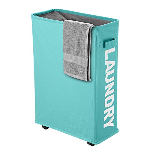 Slim Rolling Laundry Basket with wheel, IHOMAGIC Rectangle Storage Hamper - Thin Laundry Basket Corner Fittable Laundry Bin Flexible handle Laundry Sorter For Dormitory, Hotel, 39x18.5x58cm 41L, Blue