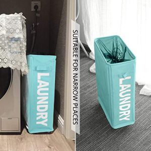 Slim Rolling Laundry Basket with wheel, IHOMAGIC Rectangle Storage Hamper - Thin Laundry Basket Corner Fittable Laundry Bin Flexible handle Laundry Sorter For Dormitory, Hotel, 39x18.5x58cm 41L, Blue