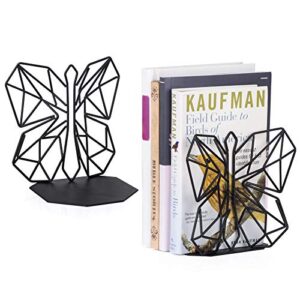 alsonerbay bookends geometric decorative metal book stoppers abstract creative book supports, book holders for shelves, butterfly book ends for office 1 pair (black)