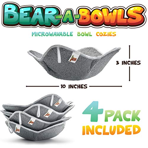 Bear-A-Bowls Microwavable Bowl Cozies - Washable & Reusable Liner & Holder - Soft Microfiber & Sponge Material - Gray Dish Pads for Hot & Cold Bowls, Pack of 4