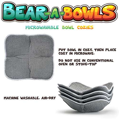 Bear-A-Bowls Microwavable Bowl Cozies - Washable & Reusable Liner & Holder - Soft Microfiber & Sponge Material - Gray Dish Pads for Hot & Cold Bowls, Pack of 4